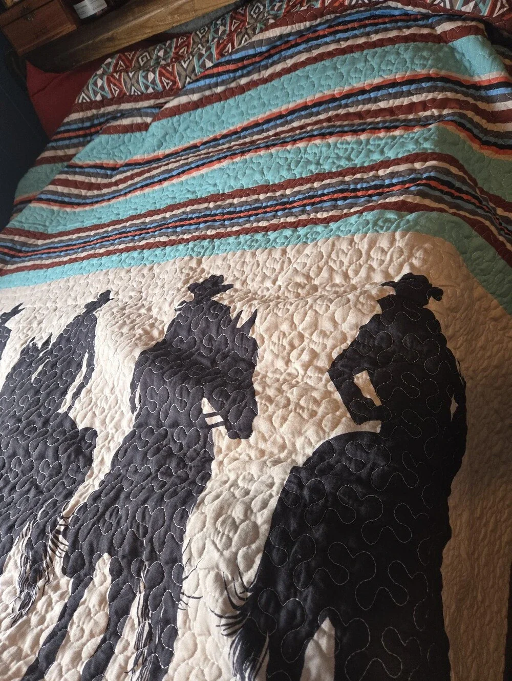 Western Horse Silhouette Quilted Comfort - Black on Cream with Turquoise Stripes